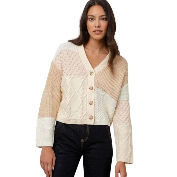 Rails Reese Patchwork Boxy Cable Cardigan- Cream Size M - Picture 1 of 11
